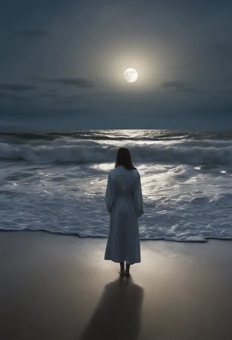 A lone woman stands at the waters edge on a moonlit beach.