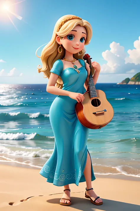 A woman who is a beautiful Greek muse, holding a musical instrument in her arms, background is ocean horizon, mood is inspirational, motivational, harmonious, revealing, daytime light, character design.