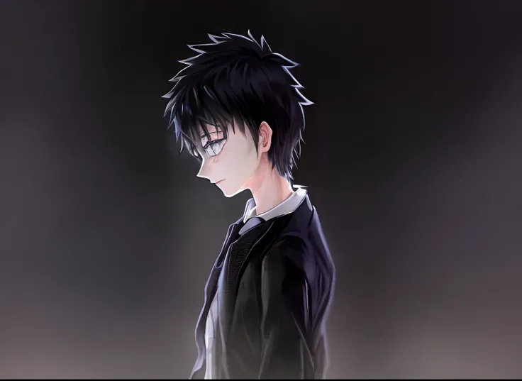 Painting of a man in a jacket and tie standing, clean anime outlines, Killua Zoldyck, kentaro miura manga style, manga style of kentaro miura, toru narita, killua zoldyck black hair, young anime man, inspired by Yumihiko Amano, Portrait of Killua Zoldyck