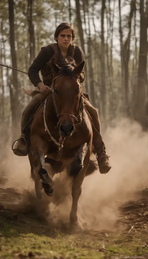 Twelve-year-old boy wearing a white tank top with an arrow stuck in his chest and possessing short, straight black hair and black eyes and riding a horse that is jumping under the wreckage of burning woods, vila em chamas, noite, goblins mortos