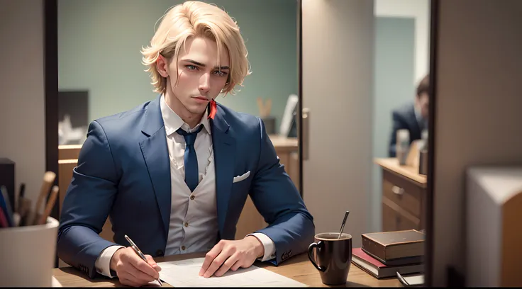 [Scene 1] A man with brown short hair, wearing a white shirt and a blue lawyer jacket, without a tie, is sitting at his desk, looking at some papers. [Scene 2] He feels a strange sensation in his body and looks at his hands, which are becoming more slender...