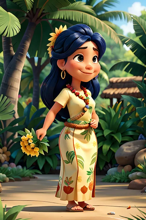 A woman who is a beautiful smiling, native Hawaiian hula woman, holding a flower to her nose, background is a tropical garden, mood is delicate, sensitive, loving, happy, daytime light, character design.