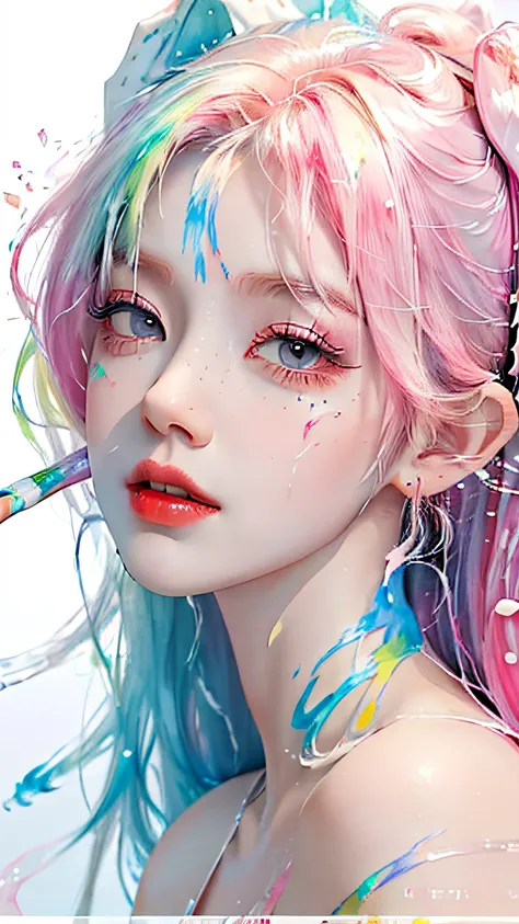 (Masterpiece, Best Quality, High Resolution), White Background, ((Paint Splash, Color Splash, Splash of Ink, Color Splash)), Sweet Chinese Girl, Rainbow Hair, Pink Lips, Front, Upper Body