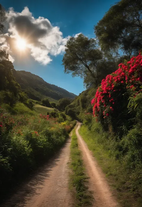 O carro trafega na rodovia，The road ahead is full of ups and downs，The road is lined with greenery，there are flowers，O sol brilha no canto superior direito，The Tyndall effect is produced，e o sol brilhava intensamente，with blue sky and white clouds，Ar fresc...