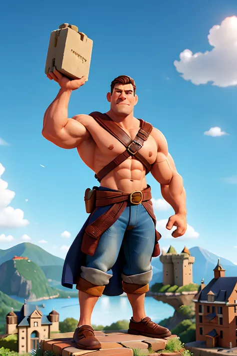 A man who is a heroic muscular man, holding a building brick, background is a castle wall, with distant mountains, mood is strength, enterprise, bravery, power, daytime light, character design.