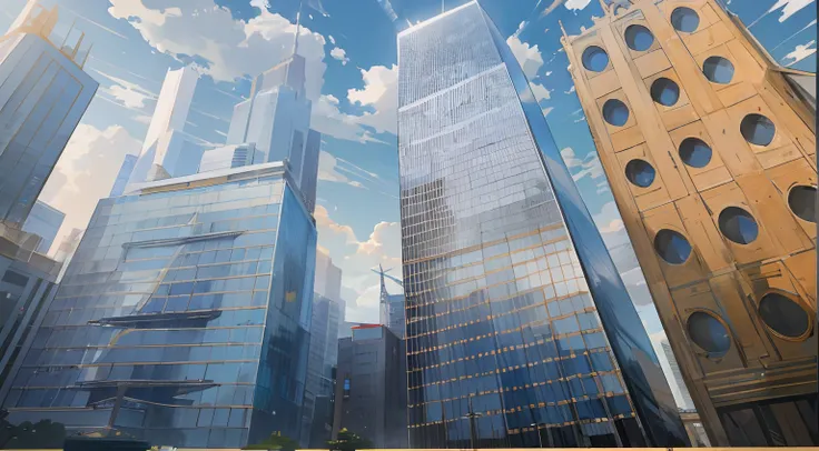 There are many tall buildings in the city with a blue sky, with tall glass skyscrapers, Skycrapers, Cinematic Still Shot, cinematic architectural scale, octan render. Por Makoto Shinkai, Skyscapers, tall buildings on the sides, Nova Iorque no ano 2100, sky...