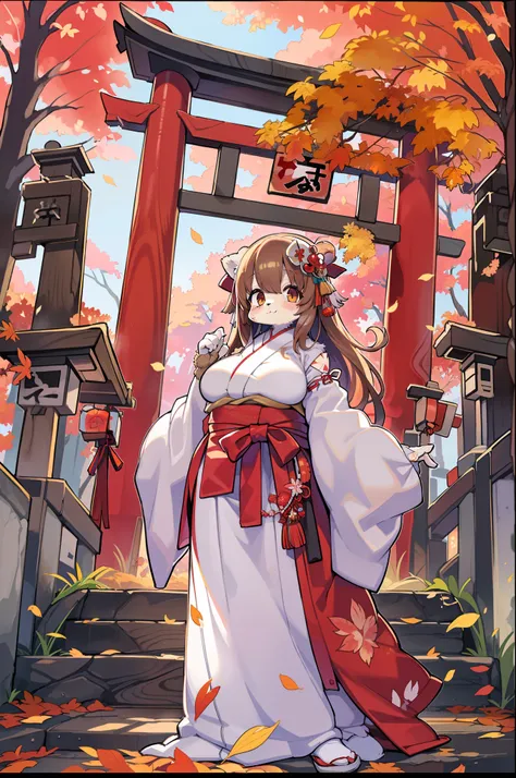 Fox Woman、body covered with fur、huge-breasted、kawaii、shrine maiden、Japan white clothes,Red Hakama、torii gate,autumn day、From below、Wide Shot、Very Wide Shot、A big smile、bbw、thick thight、big butts、Ultramammy、Under the maple tree