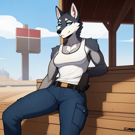 Lanky_muscular_husky female gray_furry_body blue_eyes white_tank_top cargo_pants solo Masterpiece best_quality absurdres highly_detailed cleanly_drawn_eyes anthro_only by_claweddrip, by_greasymojo, by_underscore-b, by_runawaystride