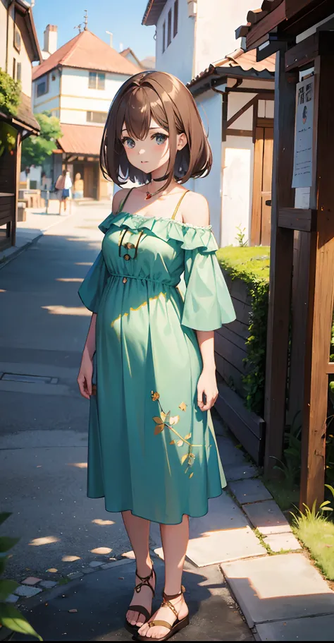 Tunic dress, anime girl, (Pregnant:0.6), loose dress, middle-age Europe village girl, brown hair, Middle-age Europe village background, off-shoulder dress,