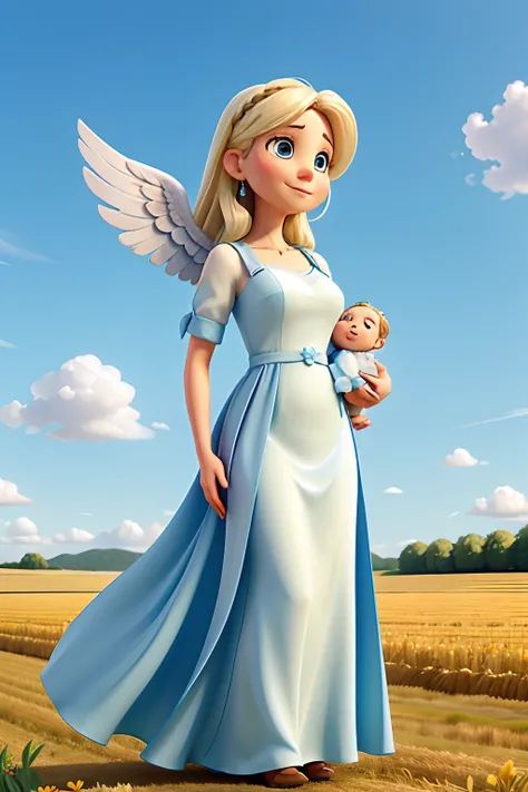 A woman with white angel wings, in a long blue dress, holding a baby, background is a farmer’s field, mood is progressive, appreciative, nurturing, nourishing, daytime light, character design.