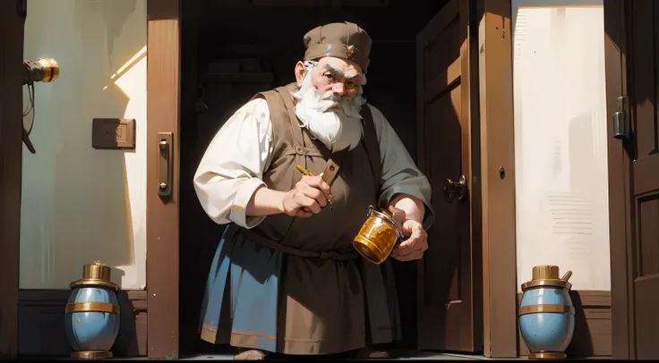 A dwarf，short，lbeard，With a hat，Skinny and small，Little old man，Holding a jar of honey，Dig the honey in with your hands and eat it，Standing in the doorway，Western fantasy，Fairytales，Works of masters，A high resolution，Exquisite facial features