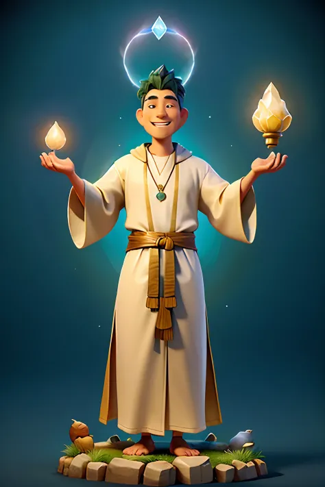 A man who is a sacred holy shaman, priest, guru, spiritual man with a halo and aura, asian man, dressed in flowing robes, summoning spiritual forces with a crystal, background is rolling hills, mood is graceful, calm, peaceful, daytime light, character des...