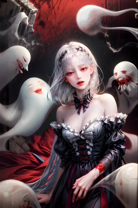 (masterpiece, best quality:1.2), cover image, splashed color background, highly detailed, colorful black, 1 girl, long silver hair, red eyes, blood on eye, short hair, blunt bangs, mannequin, cool face, ((( white sexy ghost))), illustration, horror art, dr...