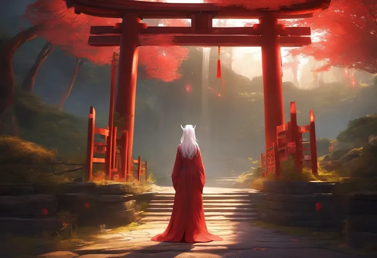 8K, Raw photo, Realistic, (High detail, Best Quality:1.2), slender girl, Full body back view shot, (bloody kimono:1.2, White long Hair:1.1), small hip, Photo from the back, Fairer skin, skinny body, (dark abandoned shrine at night, red Torii gate), Cinemat...