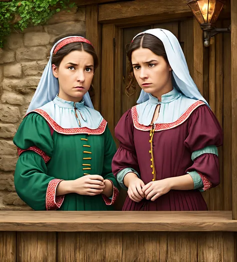 Three Peasant medieval confused young women in yard tavern, photo style --auto --s2