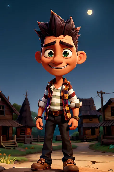 A man who is a voodoo trickster, with spiked hair, wearing striped shirt and a black pants, holding a voodoo rag doll, background is full moon, mood is fickle, stupid, insanity, night time light, character design.