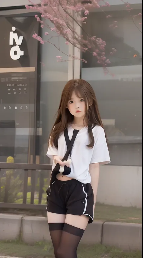 1girl, undawn, Milk brown hair, Black shorts with black socks, realistic, utra detail, 70mm lens, Half body white shirt