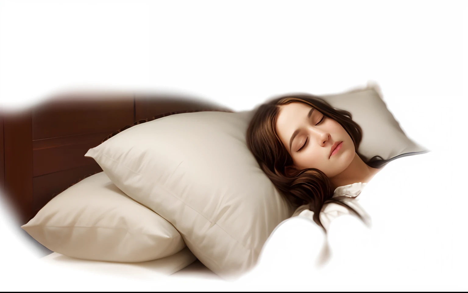 There is a woman sleeping on a bed with pillows on her, Dormir, adormecido, an ultrarealistic photo, Victorian era, photorealistic, Victorian era colors, photorealistic