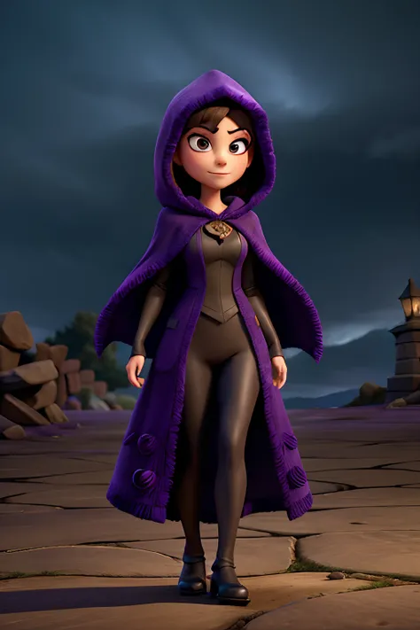 A woman who is a dark and mysterious woman, dressed in a dark purple robe with a hood, and a spider web cape, background is dark storm clouds, mood is apprehensive, frustrating, ambiguous, inscrutable, eerie night time light, character design.