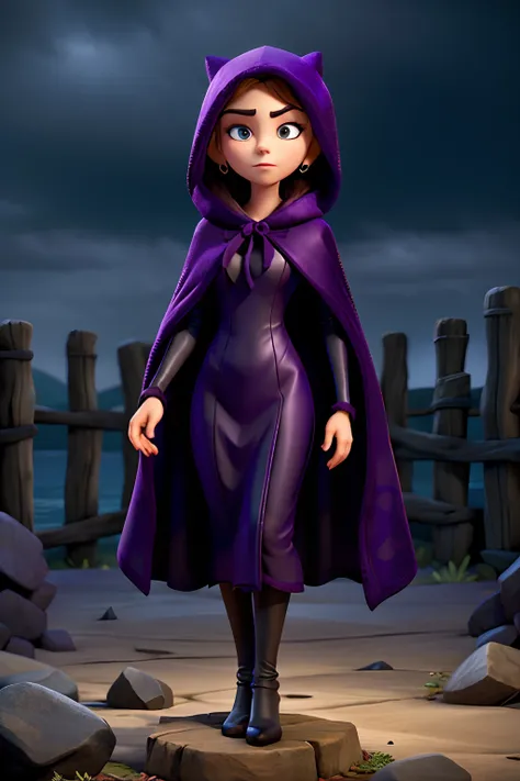 A woman who is a dark and mysterious woman, dressed in a dark purple robe with a hood, and a spider web cape, background is dark storm clouds, mood is apprehensive, frustrating, ambiguous, inscrutable, eerie night time light, character design.