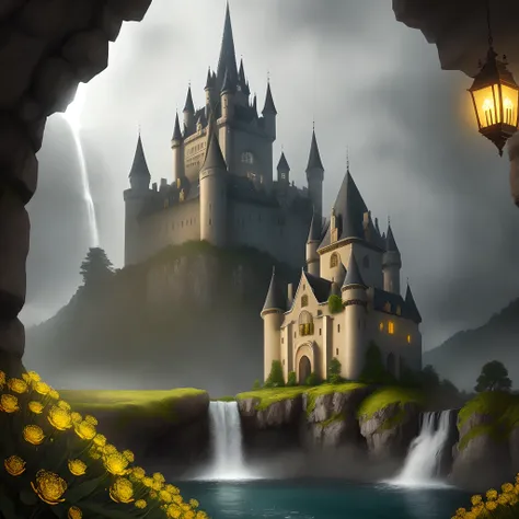 Medieval stone castle in the middle of a refreshing waterfall,  Golden flowers, dark atmosphere