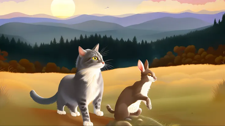 There is a cat and a rabbit in a field with mountains in the background, Illustration of gray cat burst, Illustration of a light brown rabbit, wildlife illustration, illustration for childrens book, illustration of childrens book, stylized digital illustra...