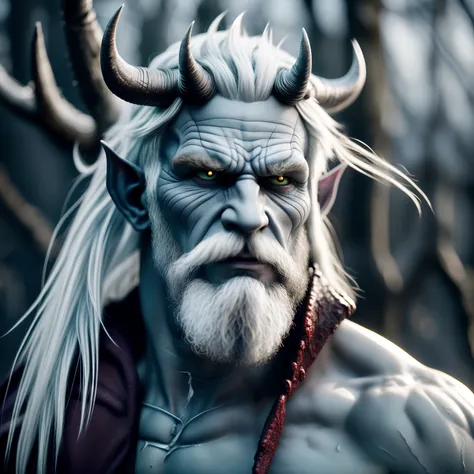 ice demon elf with perfect beard, light grey hair, white hair, clean and smooth features, dark gray skin, white hair, black skin (dark skin) , strong jaw, dark elf, one man, full body image, light grey hellboy, James Franco, scarred or weathered, symmetric...