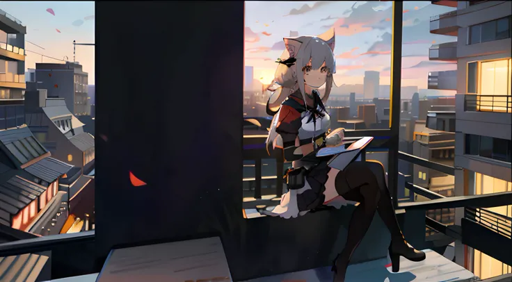 anime girl sitting on a ledge looking out at the city，Ark of tomorrow，Cat-eared girl