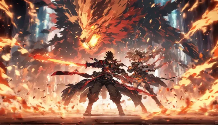 two anime characters fighting in a dark room with flames, from arknights, badass anime 8 k, guilty gear strive splash art, anime fight, arknights, sword fight, anime epic artwork, guilty gear strive graphics, epic anime style, epic 8 k hd anime shot, dual ...