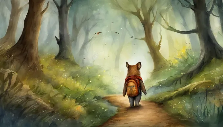 coelho, na floresta, mochila nas costas, sorrindo, flashlight in the hands, com roupas de explorador, bosque, encantado, desenho 2d, estilo disney, noite estrelada, starlit sky, arvores, lagoa, vagalumes, 4k, full hd.