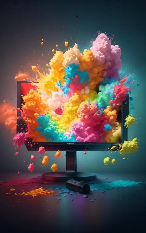 a computer monitor with colored powder flying out of it, tela colorida do computador, Color Explosion, colorful explosion, colorful explosion, amazing splashscreen artwork, explosion of data fragments, explosion of colors, Arte Digital 4K, an explosion of ...