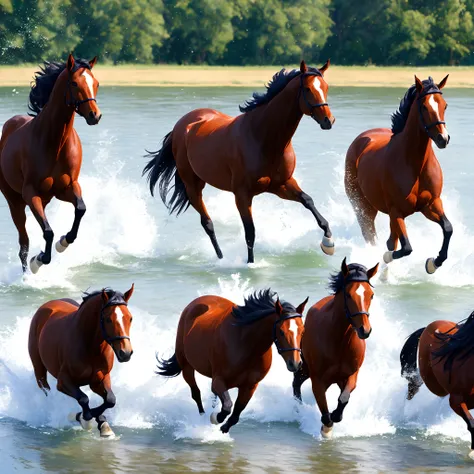 Beautiful horses running in water, clear water,natural view