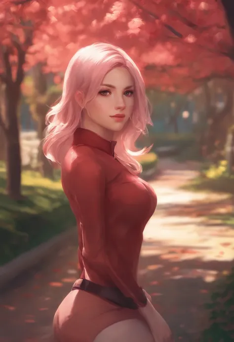 Sakura Haruno, seductor, ((frente para mostrar)), atractivo, ojos sexys, abrigo rojo, cabello rosado, delicado, joven, pelo corto, Cara detallada, a high definition, cuerpo completo, de League of Legends, Tendencia en ArtStation, por RHADS, Andreas Rocha, ...