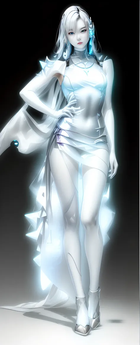 A full body photograph of Japanese female android made of transparent glass, white and silver plastic, geisha makeup and hairstyle, silver metal internal mechanisms, dynamic pose, flowing organic construction, detailed designs, glowing colorful circuitry, ...