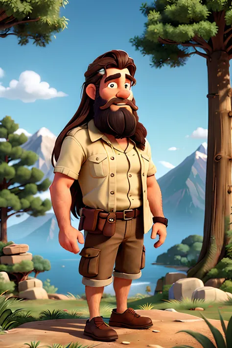 A man who is a rugged, nature loving man with long messy hair and beard, examining the leaves of a tree in a forest, background is summertime with mountain in distance, mood is grace, peace, sublime, delight, daytime light, character design.