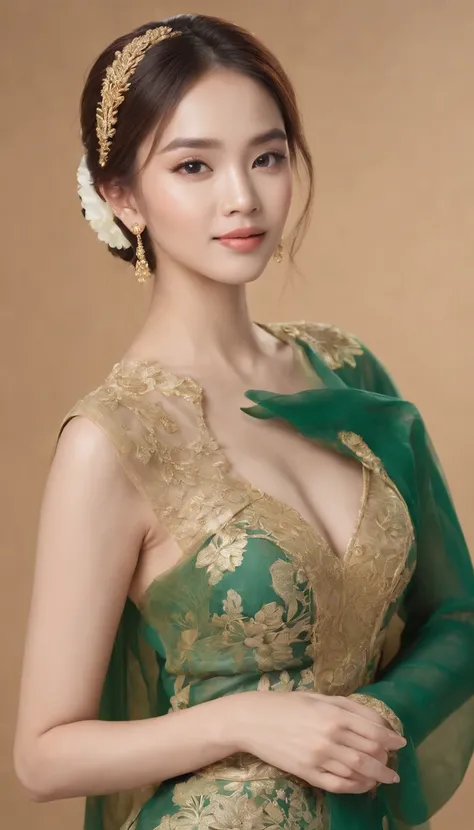 myth,argent,kebaya,gold,Scroll,batik,sleeveless,treasure,universe, face the camera, smile, 19 year old girl, cute girl, beautiful girl, indonesian model, white healthy skin, delicate eyes, tied-up hair, ethnic earrings, golden crown, close up photo, realis...