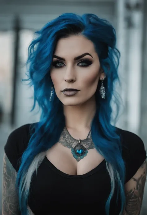 goth girl in black bra with tattoos, blue hair, big boobs, and face piercings