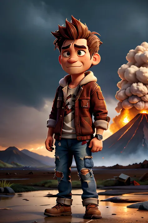 A mean man with sloppy hair, wearing tattered clothes, holding a skull in his hand, background is dark storm clouds, erupting volcano, rain, mood is gloomy, desperate, confining, depressing, night time light, character design.