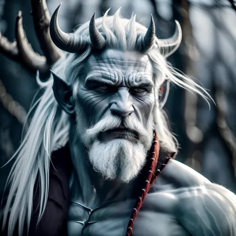 ice demon elf with perfect beard, light grey hair, white hair, clean and smooth features, dark gray skin, white hair, black skin (dark skin) , strong jaw, dark elf, one man, full body image, light grey hellboy, James Franco, scarred or weathered, symmetric...