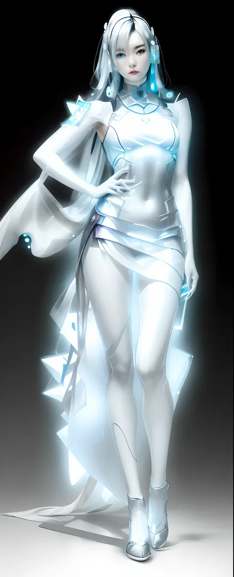 A full body photograph of Japanese female android made of transparent glass, white and silver plastic, geisha makeup and hairstyle, silver metal internal mechanisms, dynamic pose, flowing organic construction, detailed designs, glowing colorful circuitry, ...