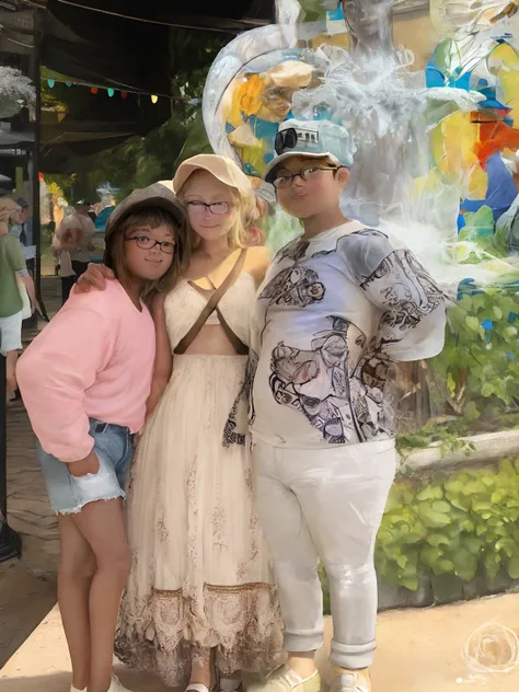 tanned thin girl, blonde thin woman with glasses, young fat boy with cap