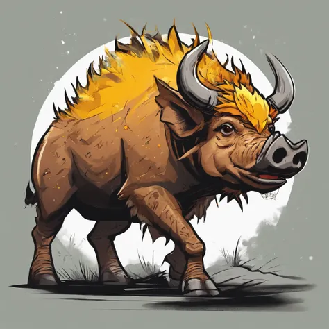 Warthog with black fur and yellow-orange-black eyes and covered in a spike grey and brown shell, best quality, masterpiece