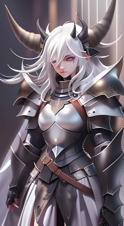 professional lighting, fantasy (((androgynous))), ((raytracing)), ((sunrays)), ((knight armor)), (very detailed), (white hair), (black horns on its head), (detailed eyes), full body image