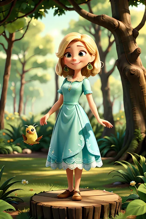 A woman who is a beautiful smiling woman in a forest, with a bird perched on her finger, background is summertime forest, mood is delicate, gentle, loving, happy, daytime light, character design.