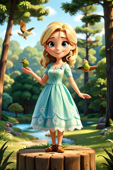 A woman who is a beautiful smiling woman in a forest, with a bird perched on her finger, background is summertime forest, mood is delicate, gentle, loving, happy, daytime light, character design.