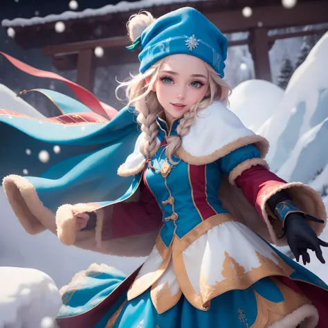 (master part:1.4), (melhor qualidade:1.4), (high resolution:1.4), Anna de Arendelle, vestido azul de Natal, blue cap, twin braids, inverno,neve, Olhando para o Viewer, sorrir, Delicado, Amoroso,