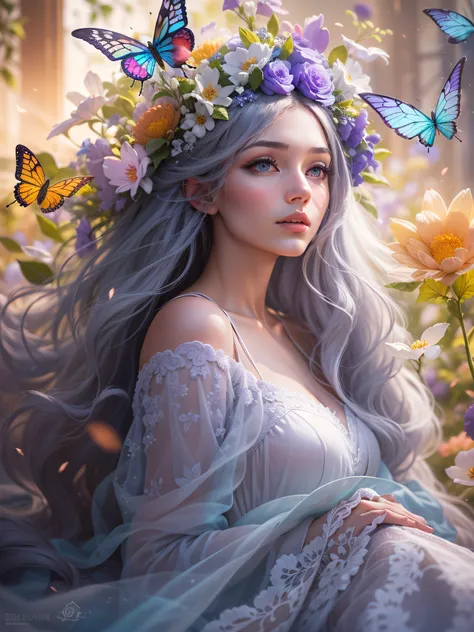 best quality,ultra-detailed,realistic, vivid colors, studio lighting, HDR, 8k, masterpiece:1.2, long luscious rainbow-colored hair, shining silver horn, gentle and serene expression, mesmerizing purple eyes, elegant and graceful posture, beautiful butterfl...