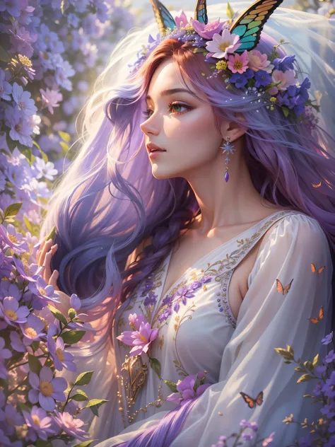 best quality,ultra-detailed,realistic, vivid colors, studio lighting, HDR, 8k, masterpiece:1.2, long luscious rainbow-colored hair, shining silver horn, gentle and serene expression, mesmerizing purple eyes, elegant and graceful posture, beautiful butterfl...