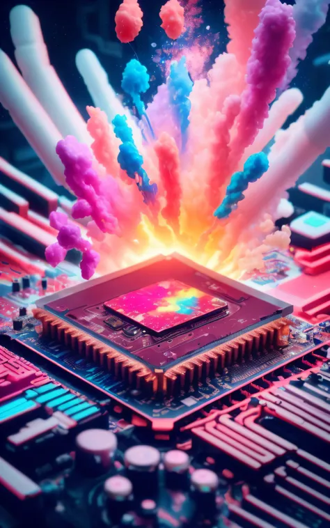 a closeup of a computer motherboard with colored powder flying out of it, Overclocking, chips de computador, processador, cores do bipe, tela colorida do computador, a cpu with human brains, colorido 8 k, CPU, bipe. hiper-realismo, liquid cooling, Chip BIO...