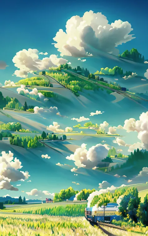 there is a train that is going down the tracks in the field, anime countryside landscape, made of tree and fantasy valley, scenery art detailed, beautifull puffy clouds. anime, detailed scenery —width 672, anime landscape wallpaper, anime landscape, studio...